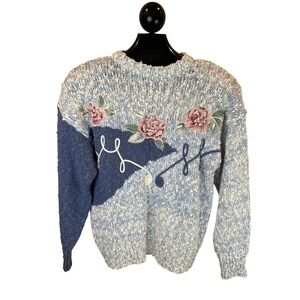 Hunters Glen Vintage Floral‎ Applique Beaded Marled Knit Sweater Blue Womens M